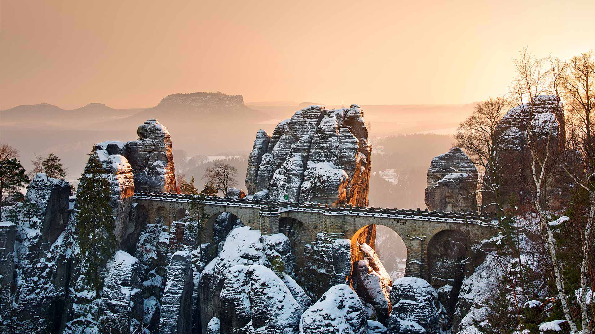 必应壁纸:易北河上的巴斯泰桥，德国撒克逊瑞士国家公园 (© Reinhard Schmid/eStock Photo)