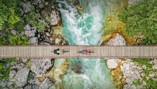 斯洛文尼亚索奇河上的木制吊桥上骑自行车的人的鸟瞰图 (© Amazing Aerial Agency/Offset by Shutterstock)_必应壁纸