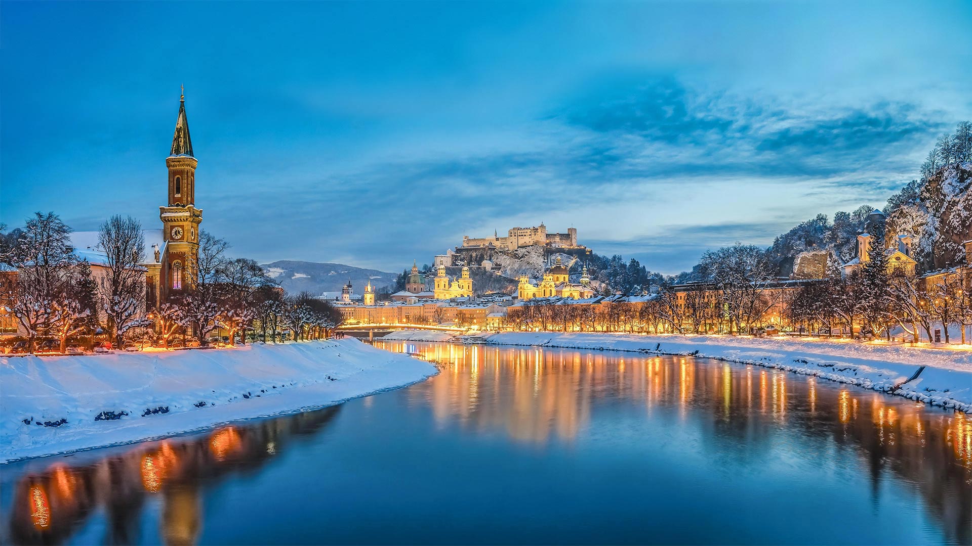 必应壁纸:Salzburg with Salzach river, Austria